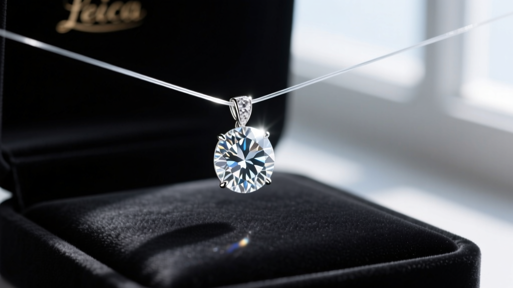 Close-up of a floating diamond pendant on an invisible clear wire illusion necklace resting on a dark velvet jewelry display pad.