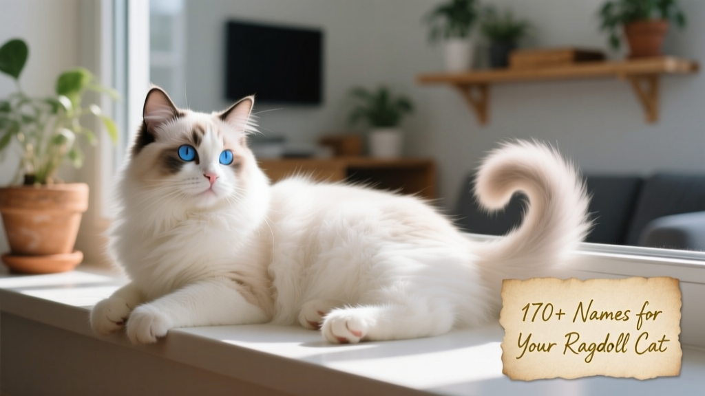 A serene Ragdoll cat lounging on a sunlit windowsill, showing off its plush coat and vivid blue eyes