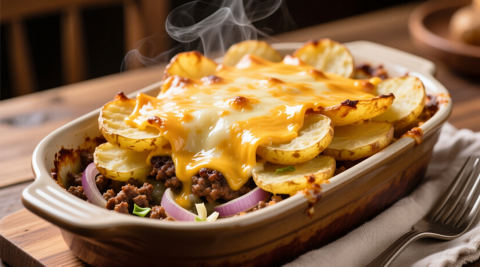 Golden baked hamburger potato casserole with melted cheese
