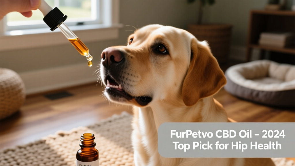 Close-up of a dropper dispensing amber-colored FurPetVo CBD oil into a dog’s mouth, with a calm Labrador nearby