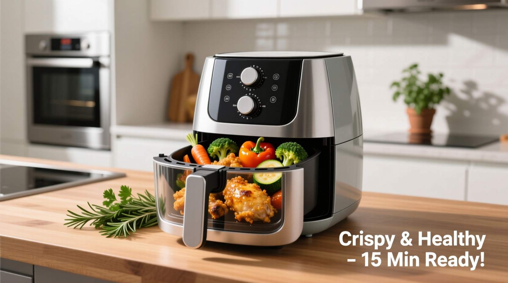 Air fryer with crispy chicken and vegetables