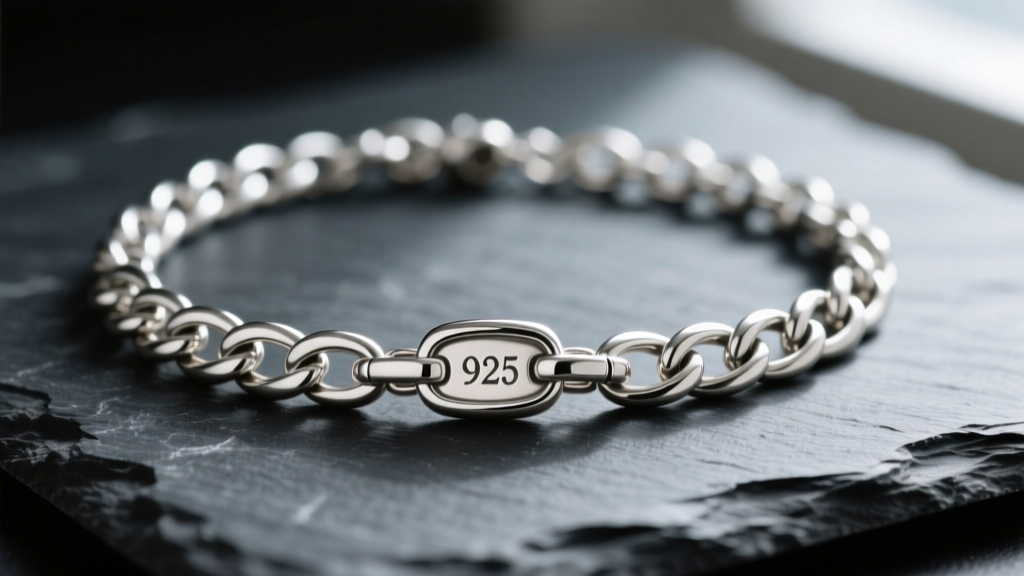 Close-up of a vintage Italian sterling silver figaro chain necklace on dark slate, highlighting the 925 hallmark on the clasp.