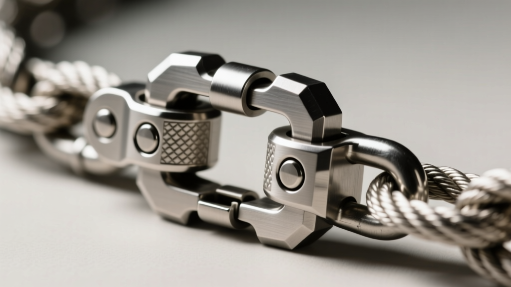 Macro photography of a heavy-duty box clasp with double safety catches on a thick 10mm stainless steel rope chain necklace