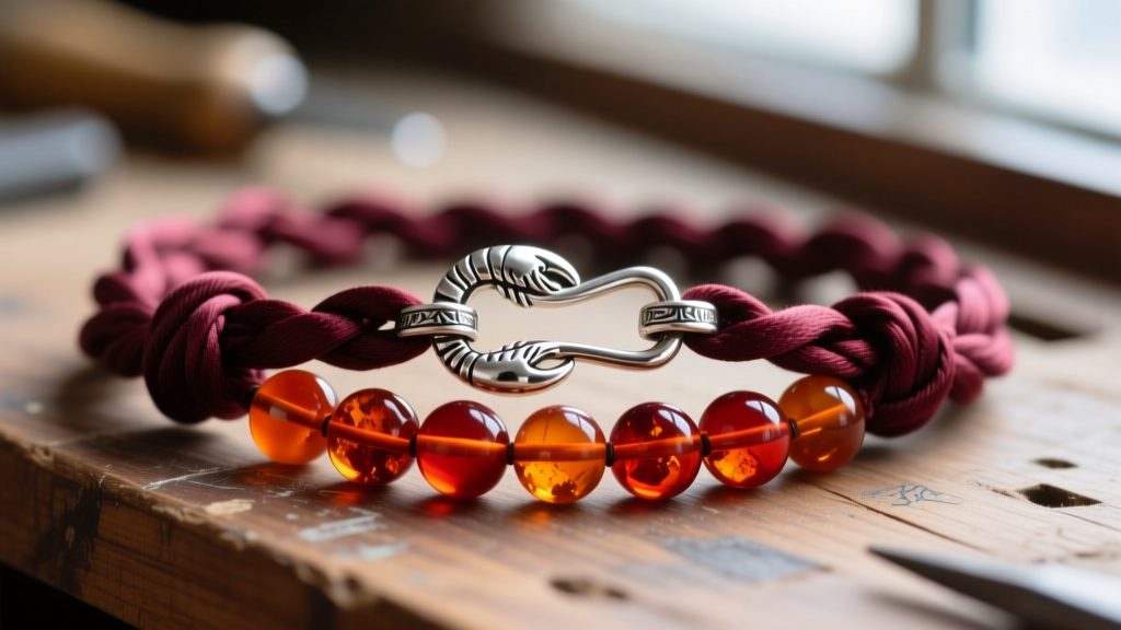 Detailed view of a sterling silver lobster clasp and hand-tied silk knots between 8mm cherry amber beads on a wooden workbench.