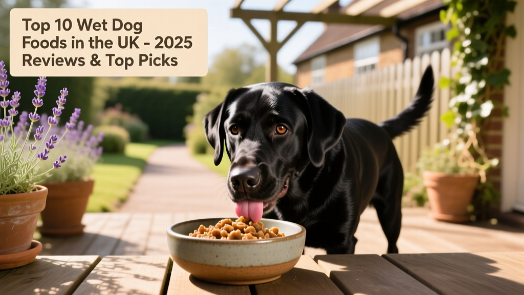 Happy, healthy dog enjoying a meal of FurPetVo wet food from a ceramic bowl on a sunlit patio