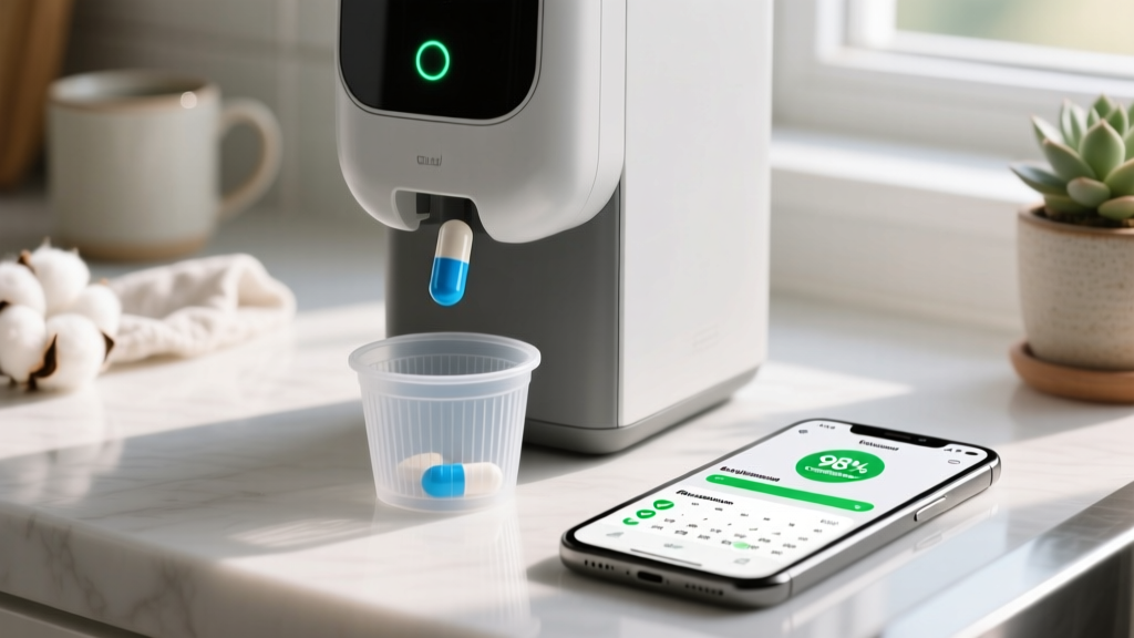 Close-up of an automated pill dispenser releasing daily medication into a small cup, with a smartphone app showing adherence stats nearby.