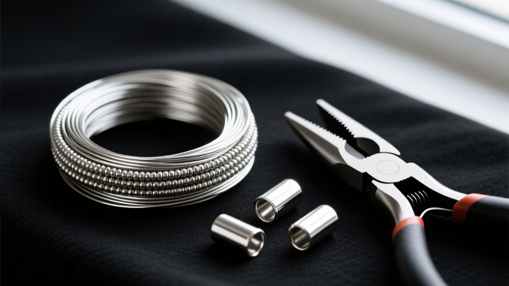 Close-up of 49-strand 0.018-inch steel beading wire coiled next to flush cutters and sterling silver crimp tubes on a dark mat.