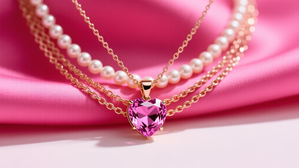Rose gold necklace stack with a pink sapphire heart pendant and delicate pearl chain resting on bright pink silk fabric.