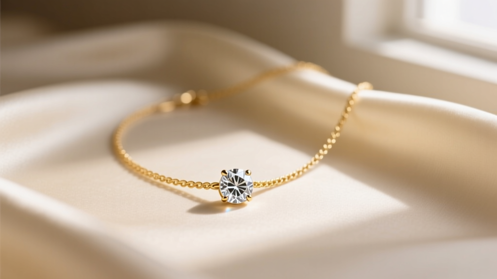 Delicate gold cable chain necklace featuring a small round cubic zirconia solitaire pendant on cream silk.