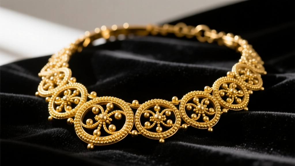 Close-up of an ornate 15k yellow gold antique Victorian necklace with Etruscan revival granulation resting on dark velvet fabric