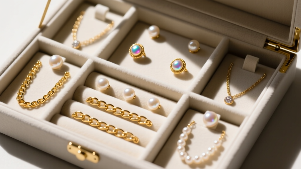 Overhead view of a neat jewelry box compartment with separated gold chains and pearl earrings, showing an optimal spatial layout.