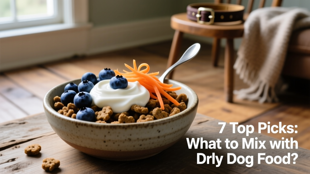 A bowl of dry dog kibble topped with fresh blueberries, shredded carrots, and a spoonful of plain yogurt