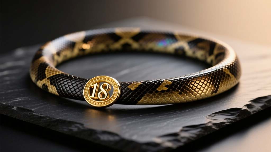 Exotic python leather necklace with an 18k gold clasp resting on dark slate under soft, warm directional studio lighting.