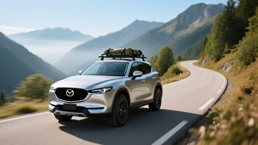 Silver Mazda CX-50 Hybrid driving on a paved mountain road with roof rack and all-terrain tires attached to the vehicle