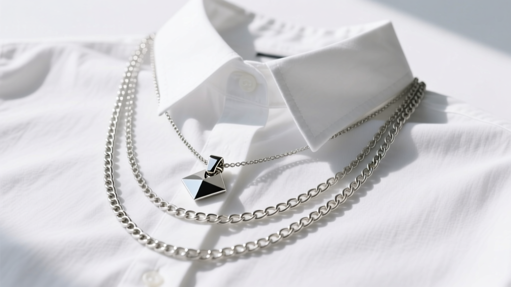 Flatlay of three layered silver chains secured by a geometric pendant necklace clip, styled over a crisp white linen button-down