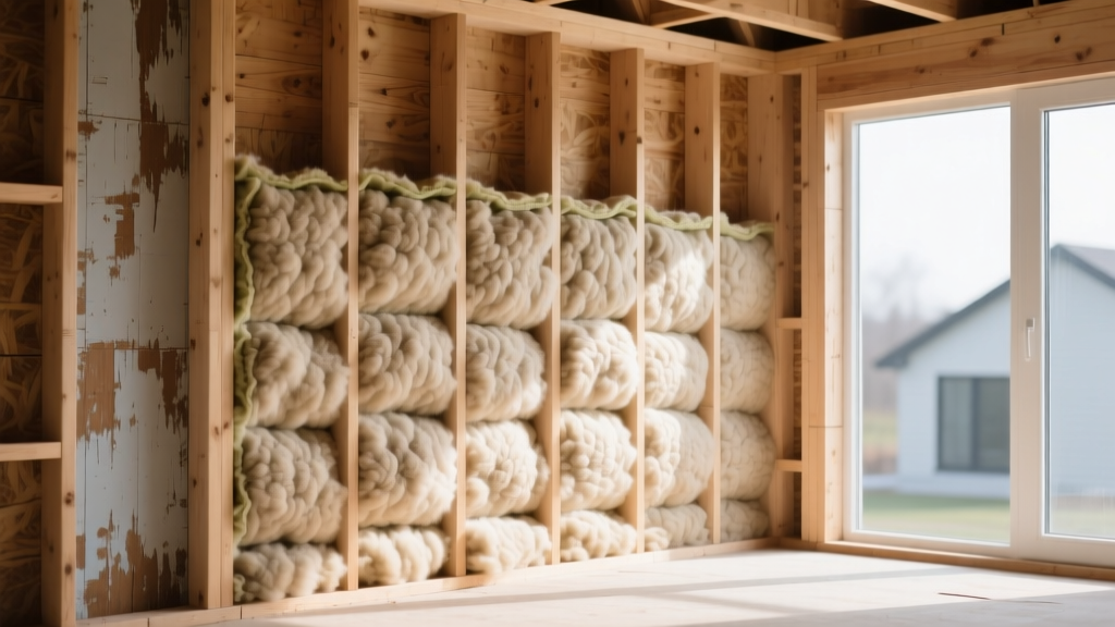 Wooden wall framing revealing thick sheep wool insulation batts between studs in a bright residential construction site