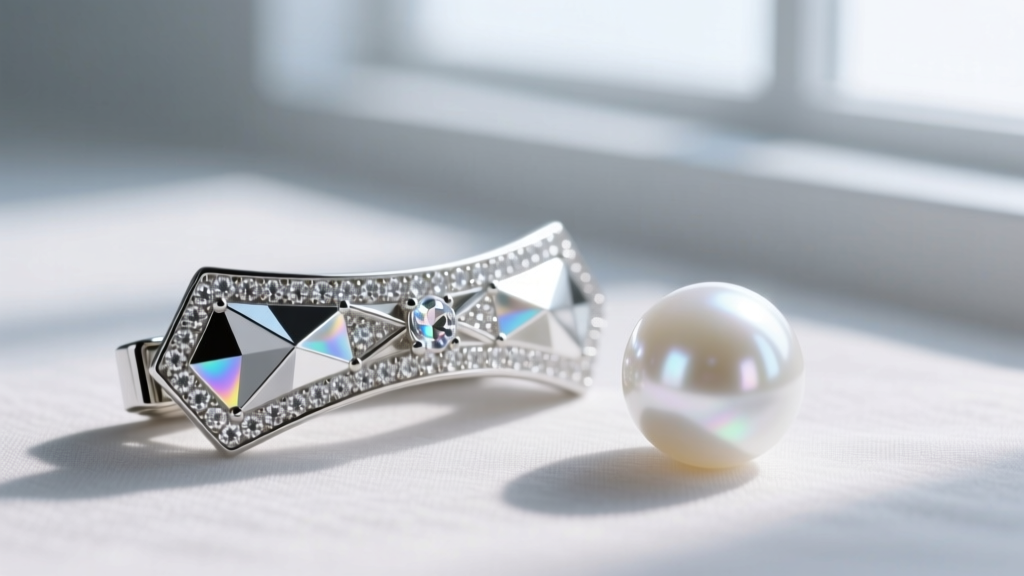 Macro shot of the foil backing on a rhinestone clasp resting next to a perfectly round, lustrous AAA grade white Akoya pearl.