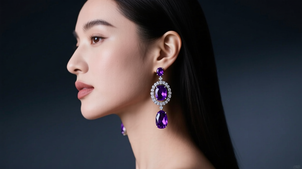Woman wearing long purple apatite dangle earrings with diamond halos, side profile against a blurred dark background, elegant mood.