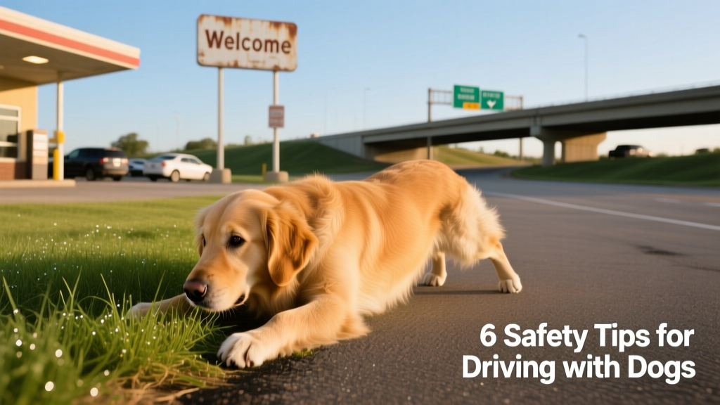 A dog stretching and sniffing grass beside a highway rest stop during a break