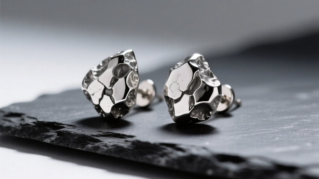 Raw 925 silver nugget earrings on dark slate, showing organic textures, deep crevices, and soft directional studio lighting setup