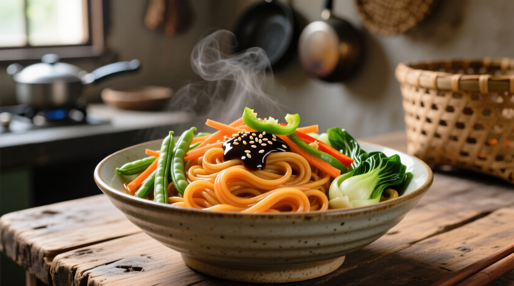 Sweet potato noodles in a bowl with vegetables