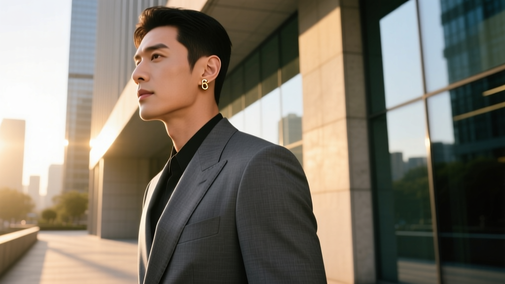 Man in a tailored charcoal suit wearing a subtle 18k rose gold cartilage cuff, captured in a modern urban setting at golden hour.