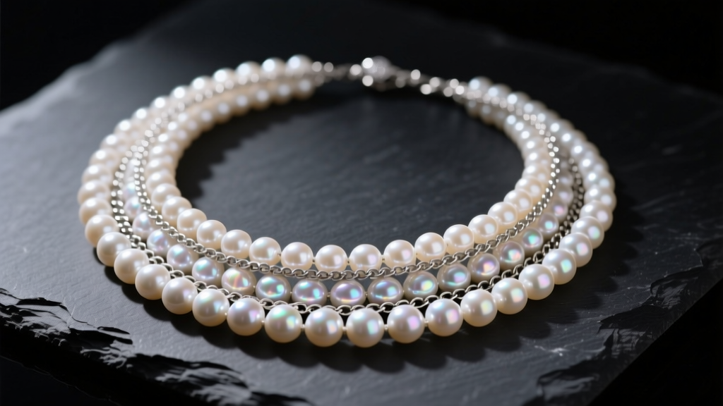 Tangled pearl layering necklace on dark slate, lit by soft studio lighting to highlight nacre luster and delicate metal chains.