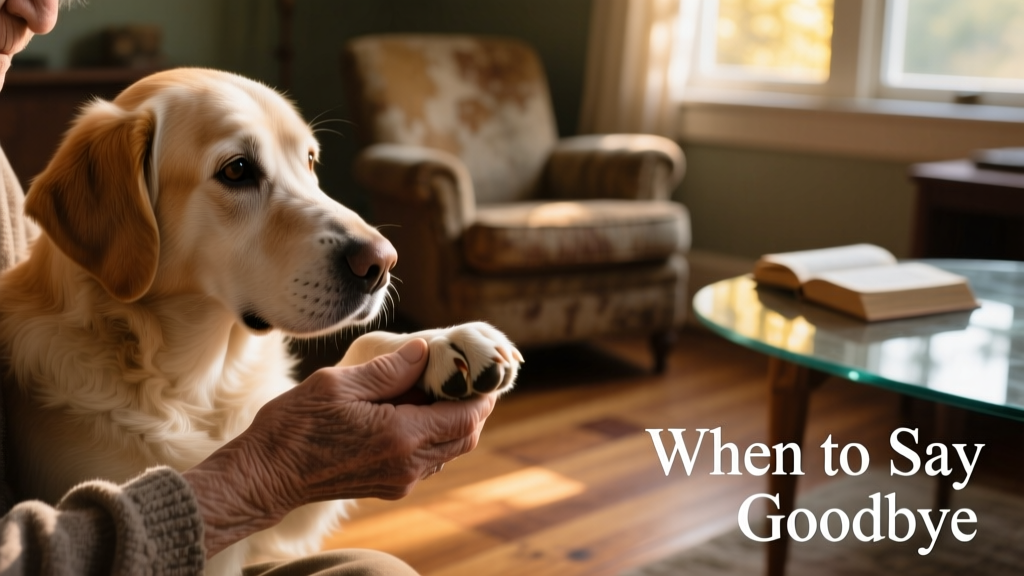 A serene photo of hands gently holding a senior dog’s paw, with soft natural light and a warm, comforting background