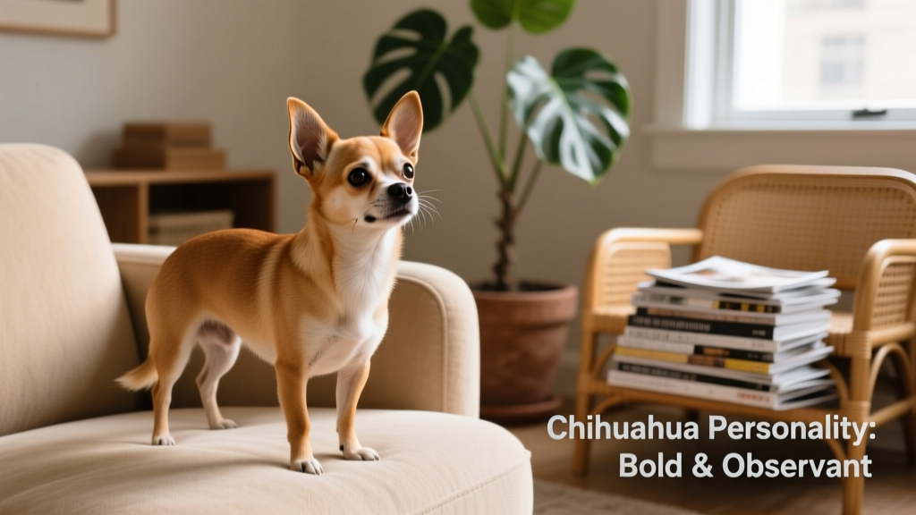 A Chihuahua standing alert on a sofa, head tilted and ears forward, watching something off-camera