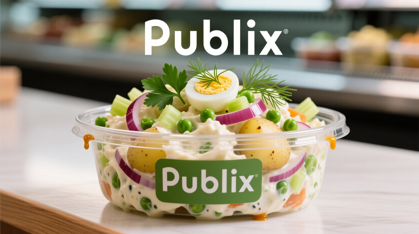 Publix potato salad in a deli container with fresh herbs