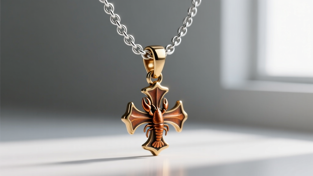 Side view of 1.5mm sterling silver rolo chain threaded through cast brass cardinal pendant bail, showing a secure lobster clasp