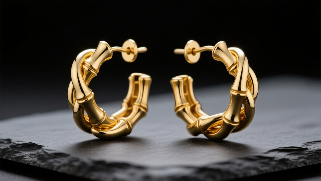 Close-up of 14k yellow gold bamboo knot hoop earrings on dark slate, highlighting textured segments and a heavy saddleback clasp.