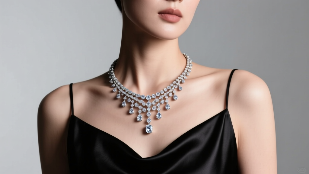 Portrait of a woman wearing a delicate lab-grown diamond cascade necklace over a black silk slip dress with soft studio lighting
