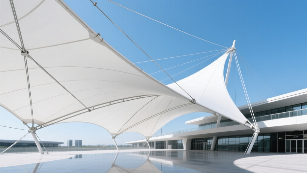Sweeping white PTFE tensile fabric roof structure stretching over a modern transit hub, with steel cable rigging against a clear sky