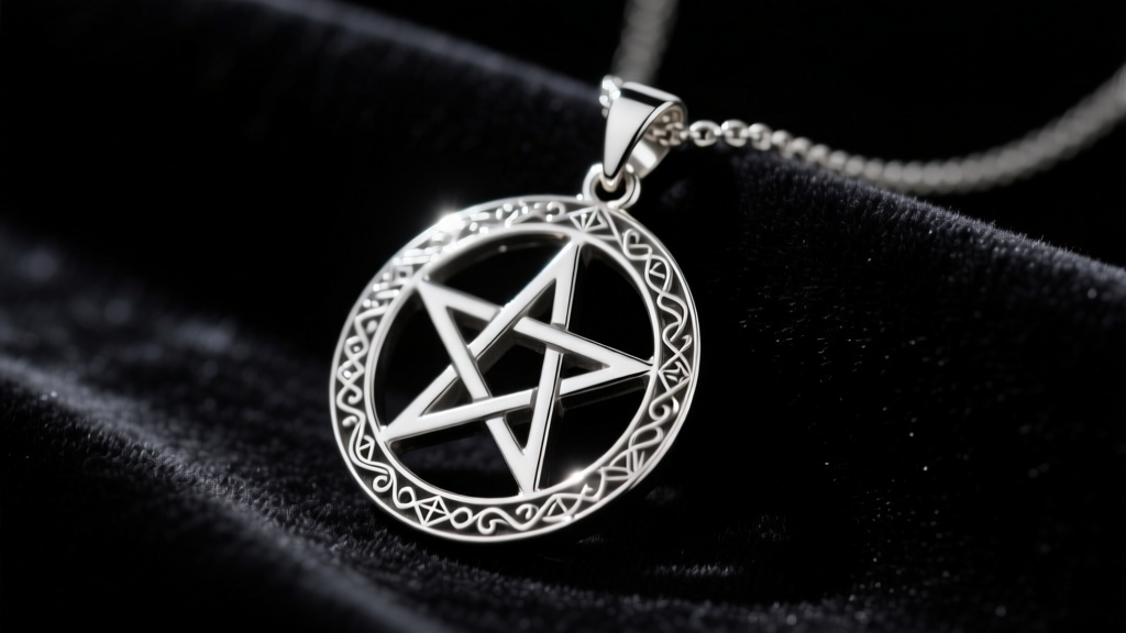 Close-up of a 925 sterling silver upside down pentagram necklace on black velvet, moody lighting highlighting engraved details.