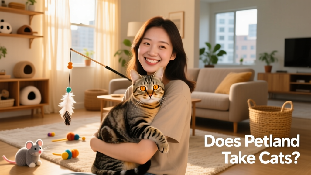 A person smiling gently while holding a relaxed tabby cat; background shows a sunlit living room with cat toys nearby