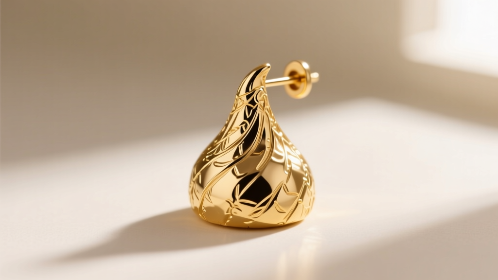 Macro shot of a gold vermeil Hershey Kisses earring showing intricate engraved texture mimicking the iconic chocolate wrapper foil