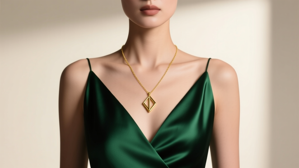 Woman wearing a delicate 18-inch gold pendant necklace over a dark emerald silk V-neck evening dress in soft studio lighting.