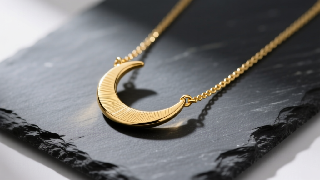 Delicate 14k solid yellow gold crescent moon necklace resting on dark slate, highlighting brushed texture and 1.2mm cable chain