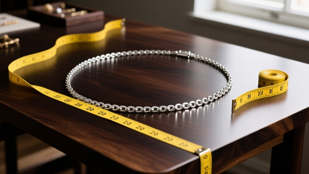 Flat lay of a silver 20.0 inches necklace being measured with a yellow soft tailor tape on a dark wooden jeweler workbench table