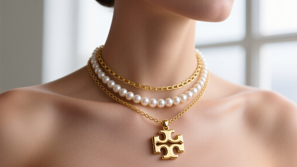 Close-up of a three-layer necklace stack with a delicate gold chain, pearl strand, and a heavy Tory Burch logo pendant on a model