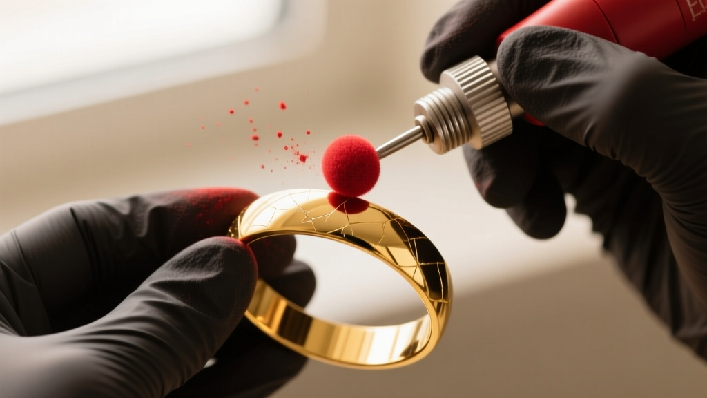 Close-up of nitrile-gloved hands using a rotary tool with a felt bob and red rouge to polish a 14k yellow gold cuff bracelet.