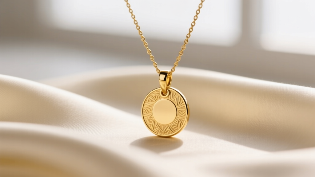 Macro shot of a 10mm 14k solid gold micro disc pendant on a 1mm cable chain, resting on cream silk, soft lighting.