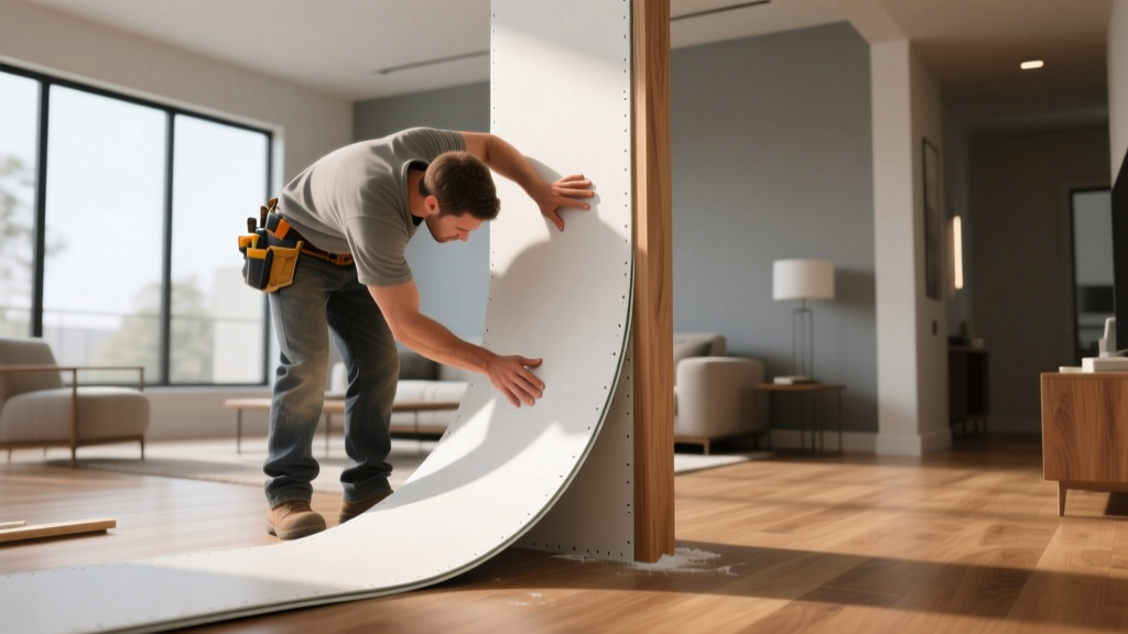 Contractor carefully bending a 1/4 inch flexible gypsum board sheet around a curved wooden stud frame in a modern residential living room