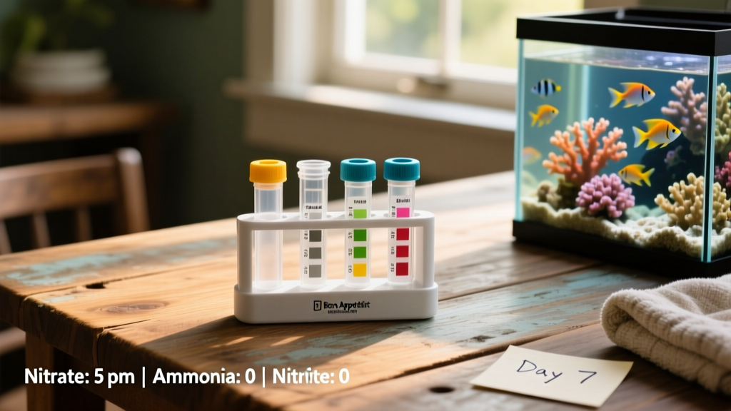 Aquarium test kit showing stable nitrate and zero ammonia/nitrite readings