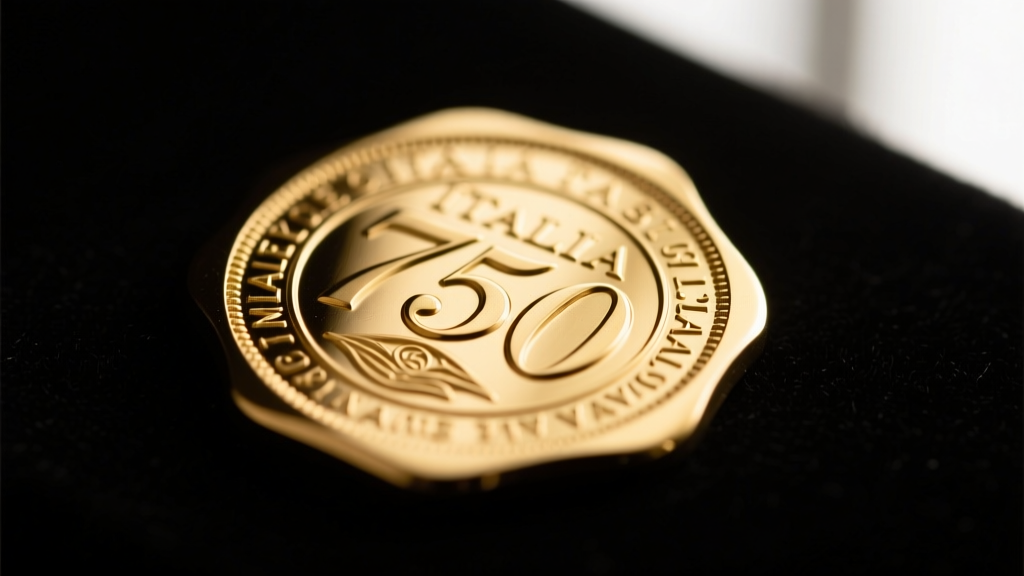 Macro photography of an Italian 750 gold hallmark and maker's mark stamped inside the bale of a polished gold pendant, sharp focus