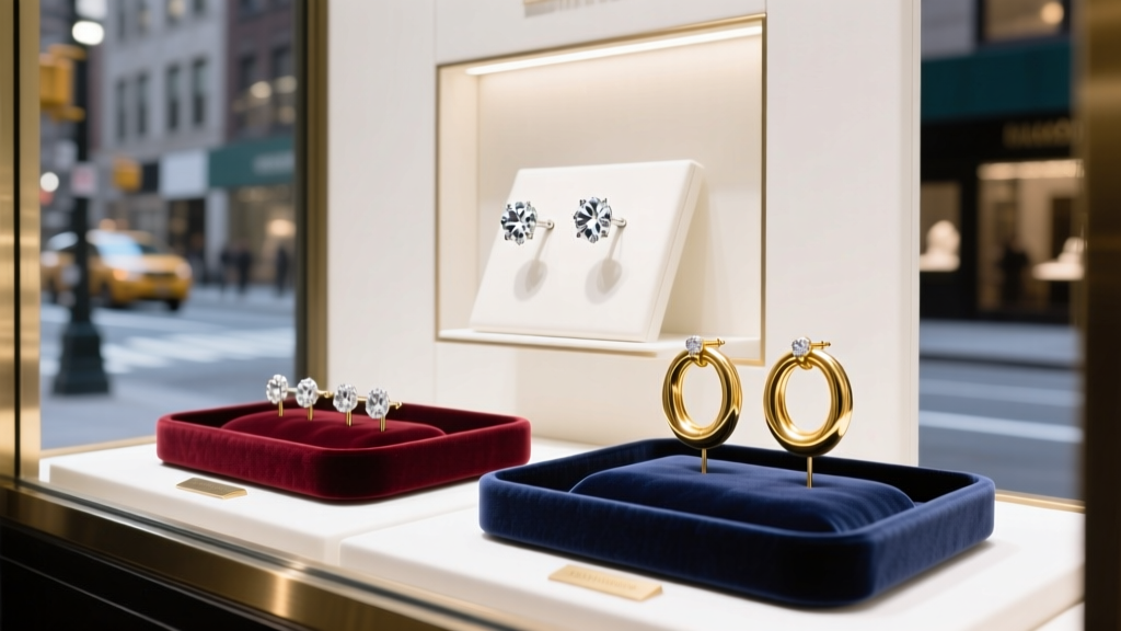 Brightly lit New York jewelry plaza storefront displaying velvet trays of diamond stud and gold hoop earrings in the window.