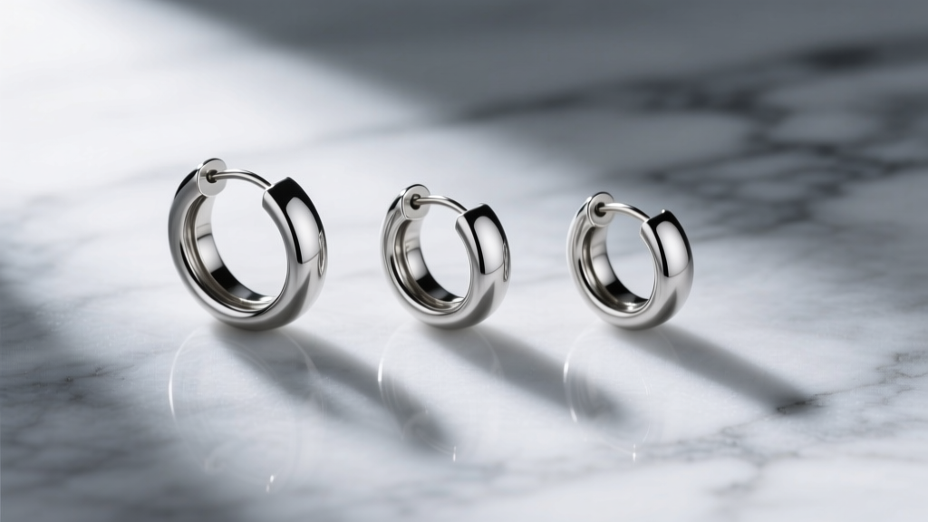 Flat lay of three titanium hoop earrings on marble, showing inner diameters of 20mm, 12mm, and 8mm for ear stacking