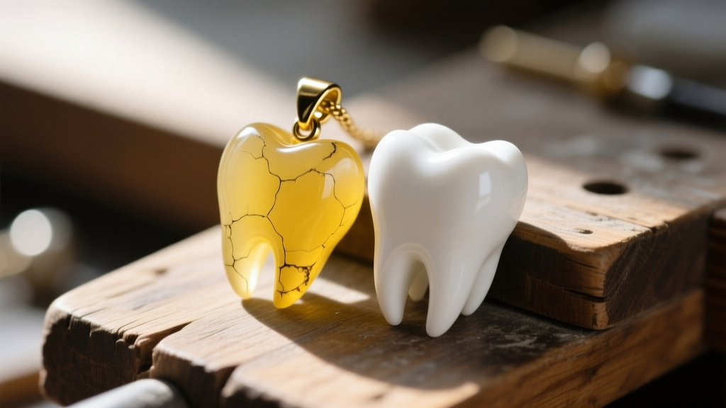 Macro shot of a yellowed resin mimic tooth pendant next to a pristine white polymer clay tooth on a wooden jeweler