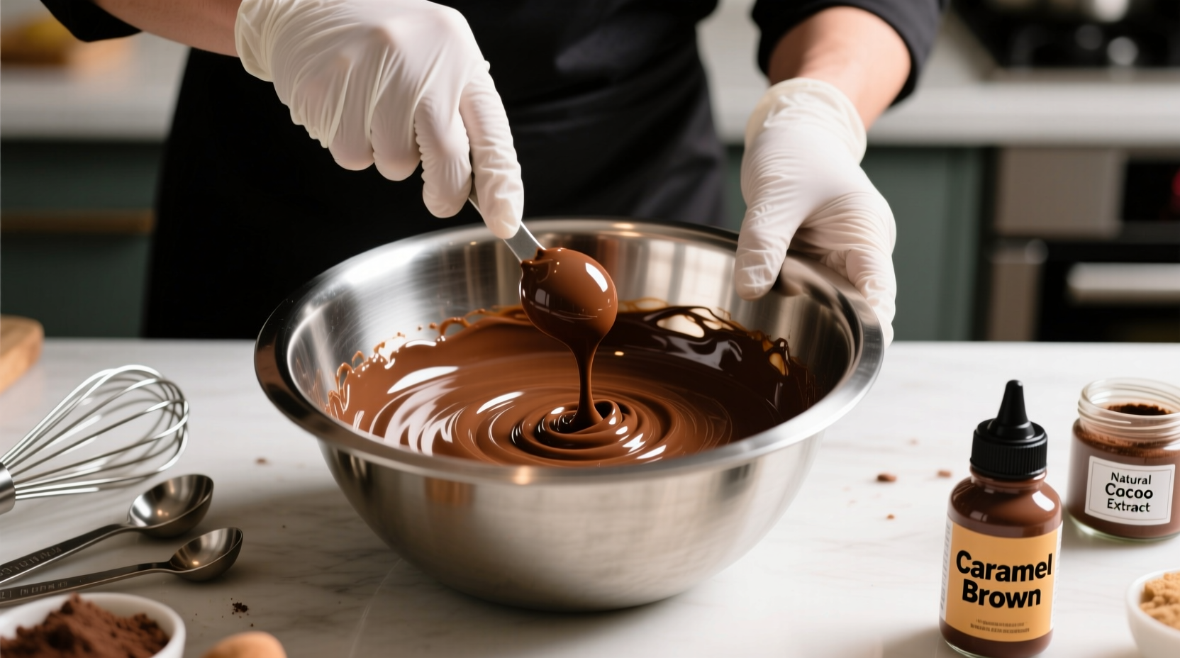 Professional food stylist mixing brown food coloring